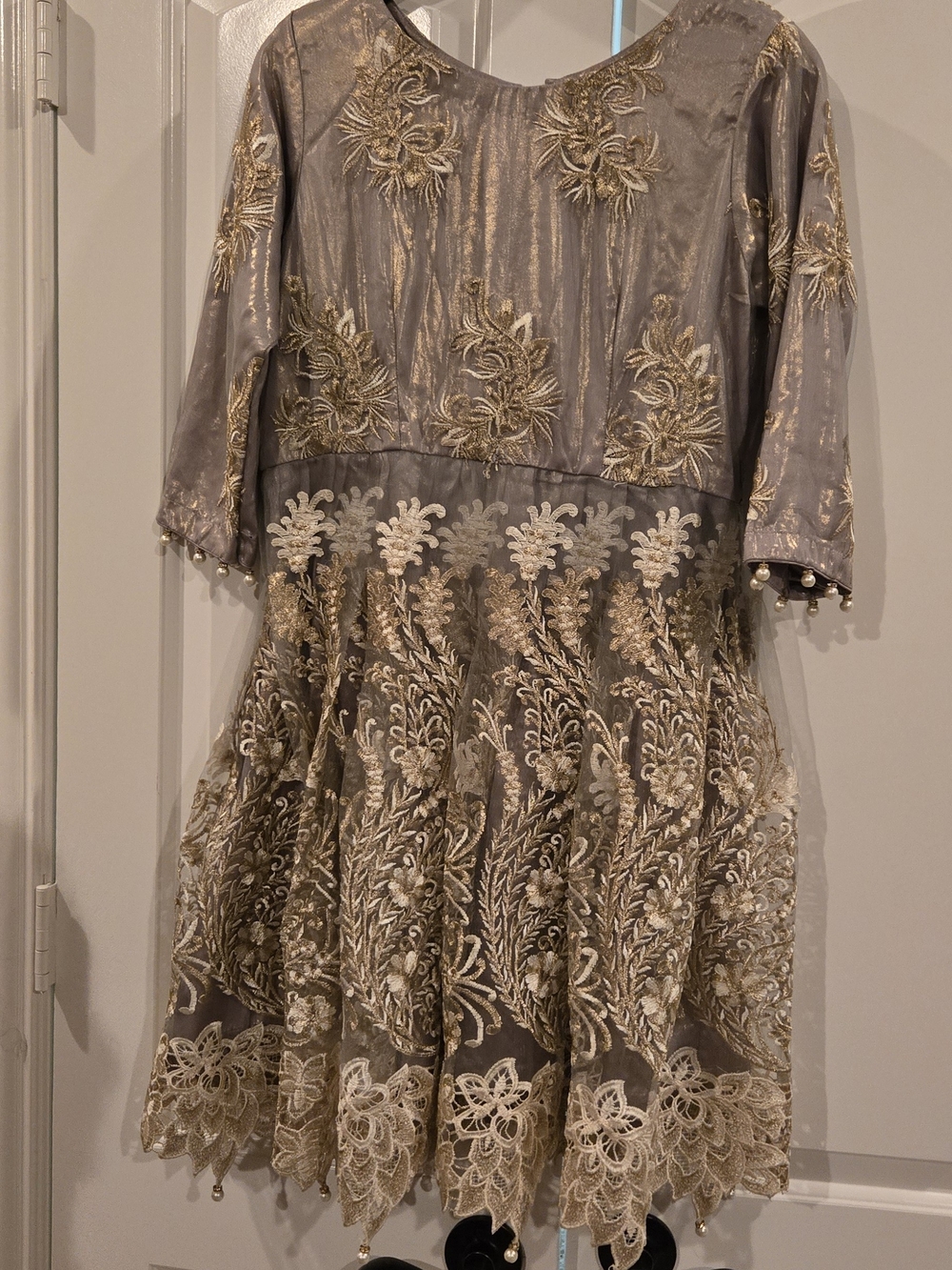Grey & Gold Embroidered Women’s Mini Kurta